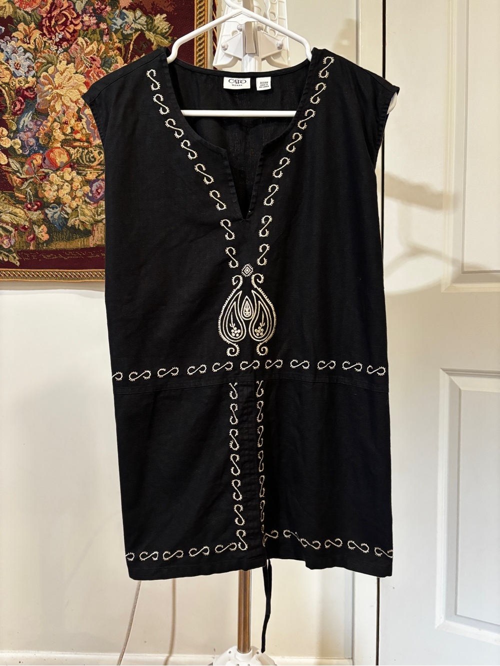 Cato Woman 22/24W Black Linen Cotton Embroidered Tie Waist Tunic